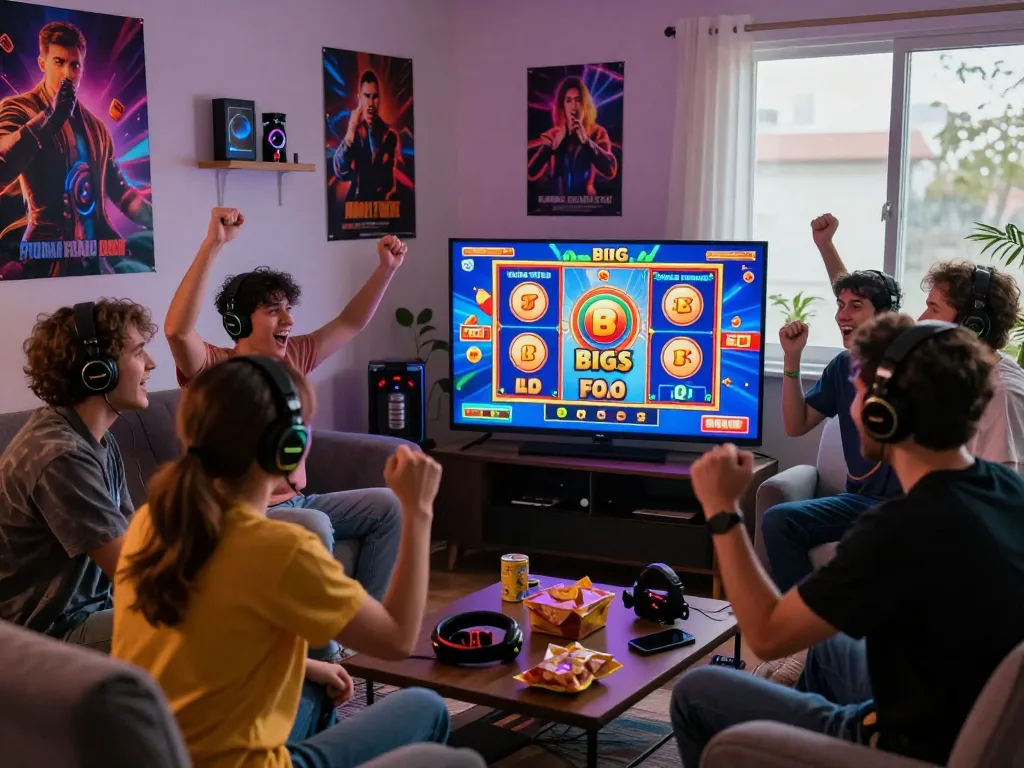 Friends celebrating a win on situs gacor slot game in a lively gaming room