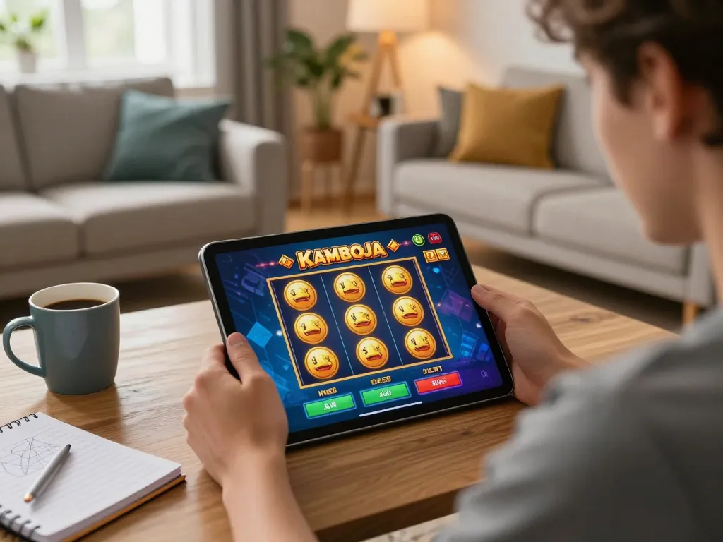 Playing slot kamboja on a tablet during relaxed online gaming at home