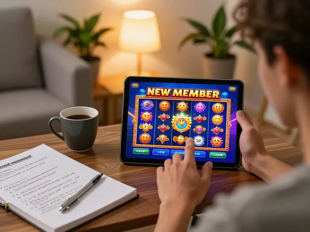 Engaging online casino moment showing a player exploring slot bonus new member promotions on a tablet in a cozy atmosphere