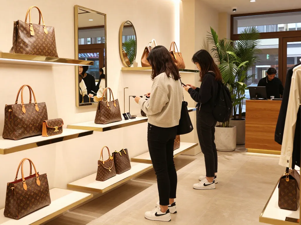 High-quality replica bags and accessories in an elegant shopping scene at a 레플리카 사이트 boutique.