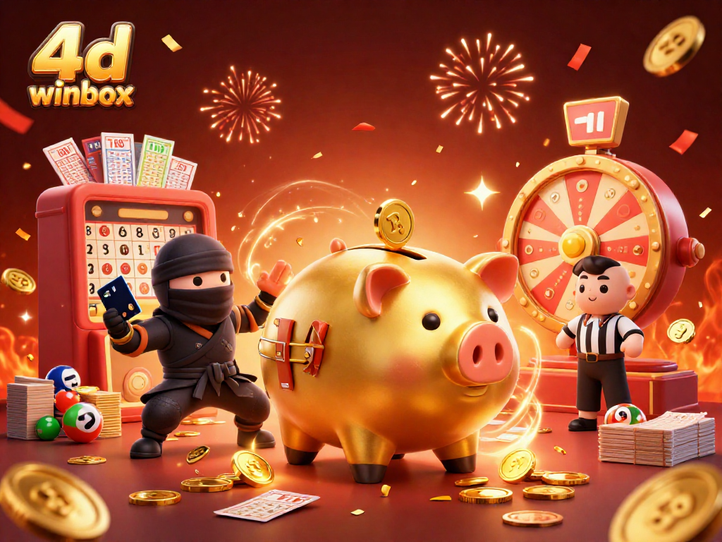 Engage with 4d winbox and stunning lottery illustrations showcasing a golden piggy bank and vibrant dynamic elements.