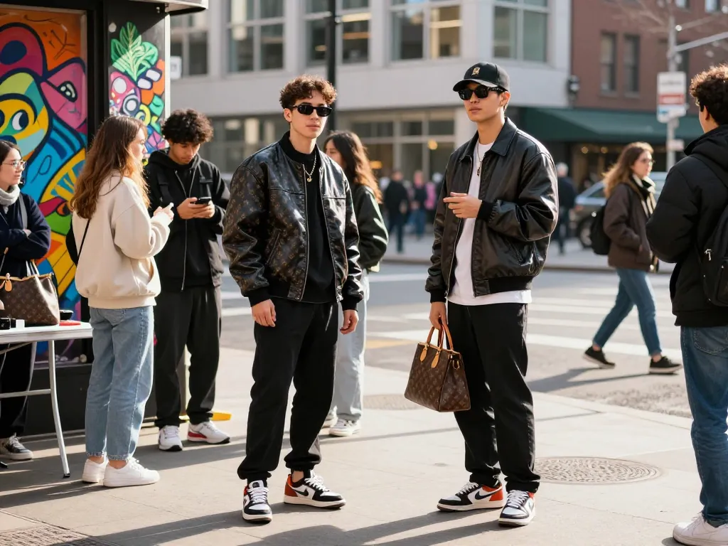 Fashion trendsetters showcasing stylish 레플리카 accessories in a vibrant urban setting.