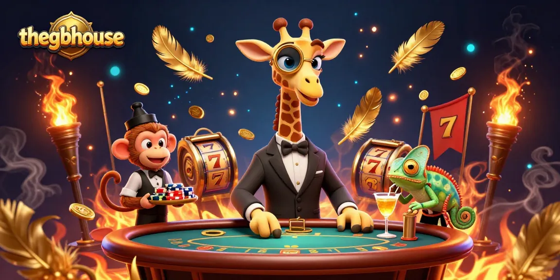 Thegbhouse showcases a vibrant 3D casino scene featuring a giraffe at a poker table with rich golden themes.