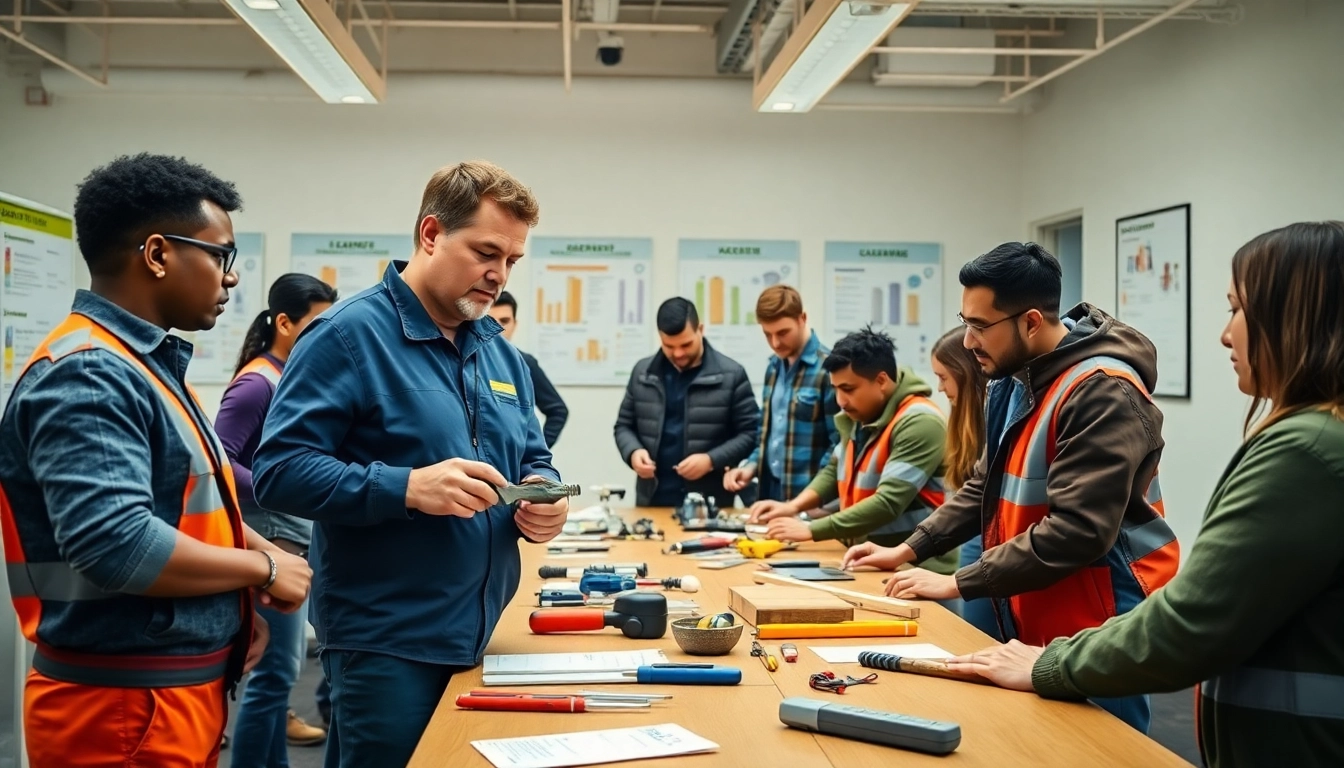 Enhancing skills in contractor apprenticeship training session with engaged trainees and tools.