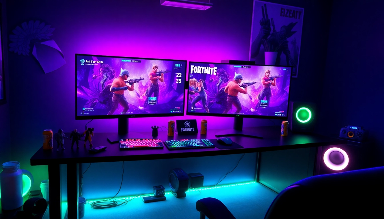 Experience the Best Fortnite script in an immersive gaming setup, showcasing dynamic HUDs and vibrant character skins.