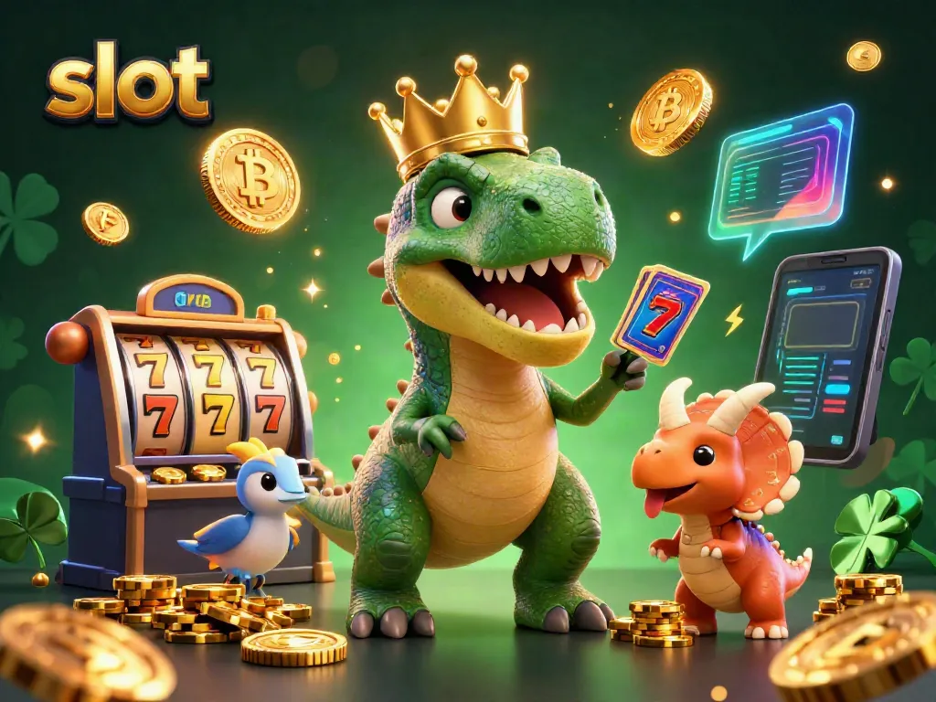 Slot dan dinosaur bertema kasino dengan chip emas dalam suasana ceria.