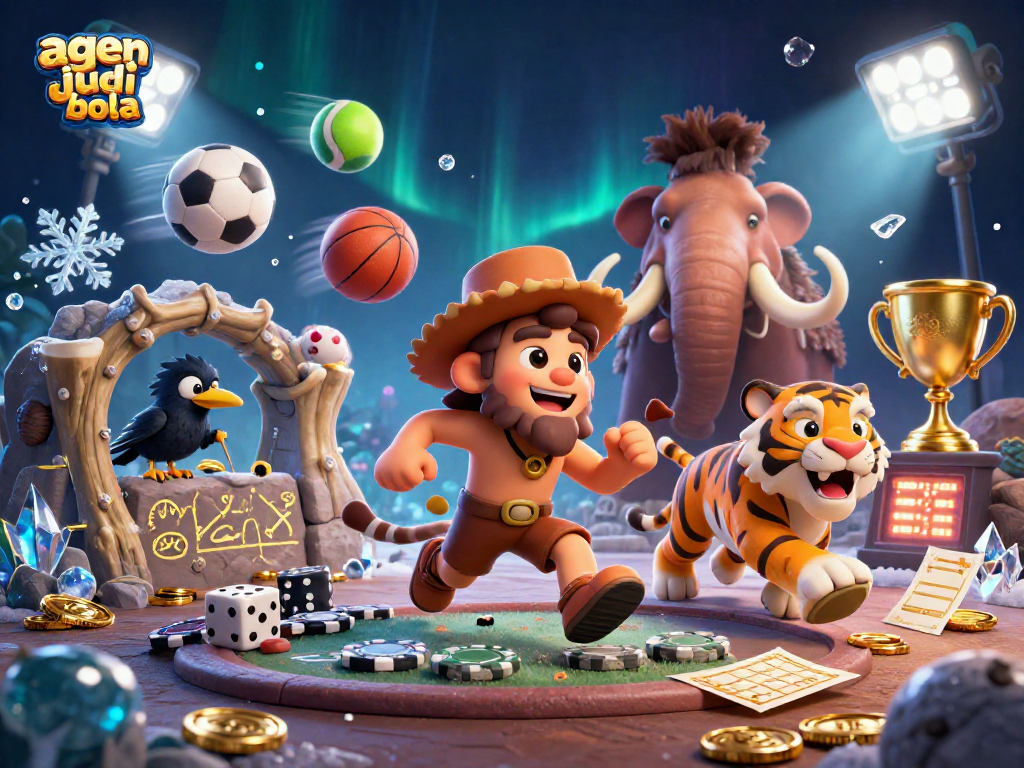 Engage with agen judi bola in a vibrant prehistoric casino scene full of sports excitement and dynamic action.