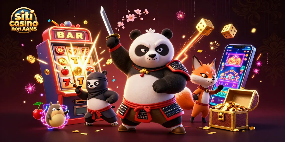 Esplora l'emozione dei siti casino non AAMS con il panda samurai e il ninja in un'illustrazione ricca di azione e premi.