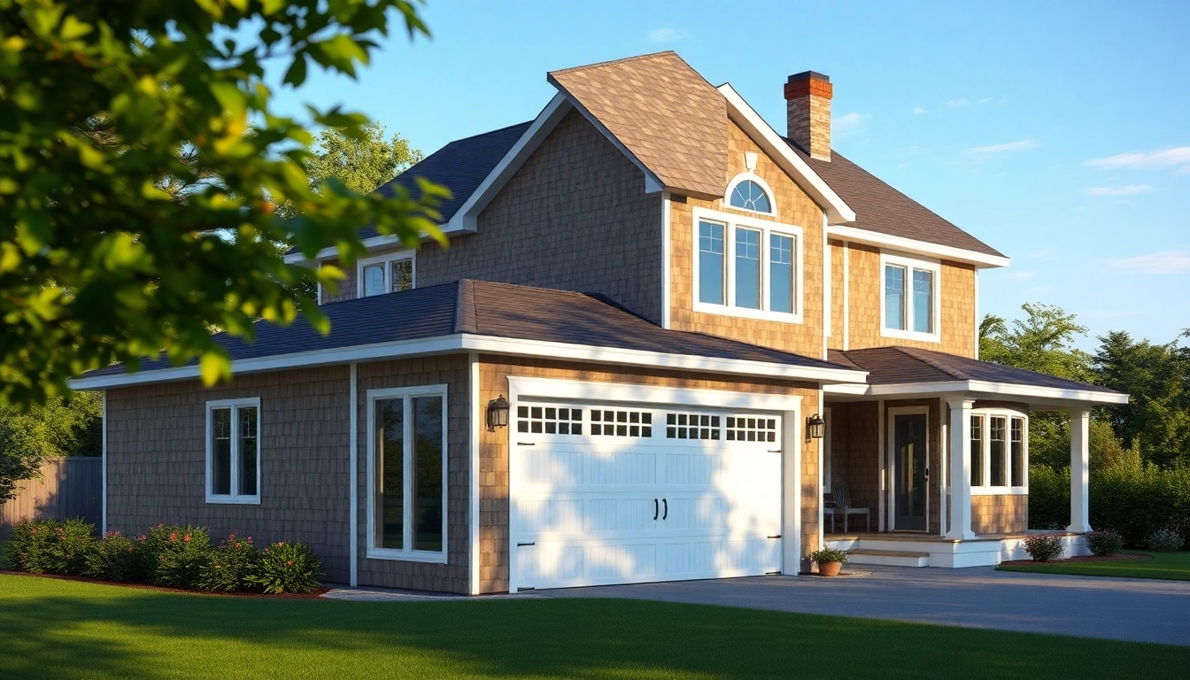 A beautifully designed cape cod home addition with an attached garage blending into a serene coastal landscape.