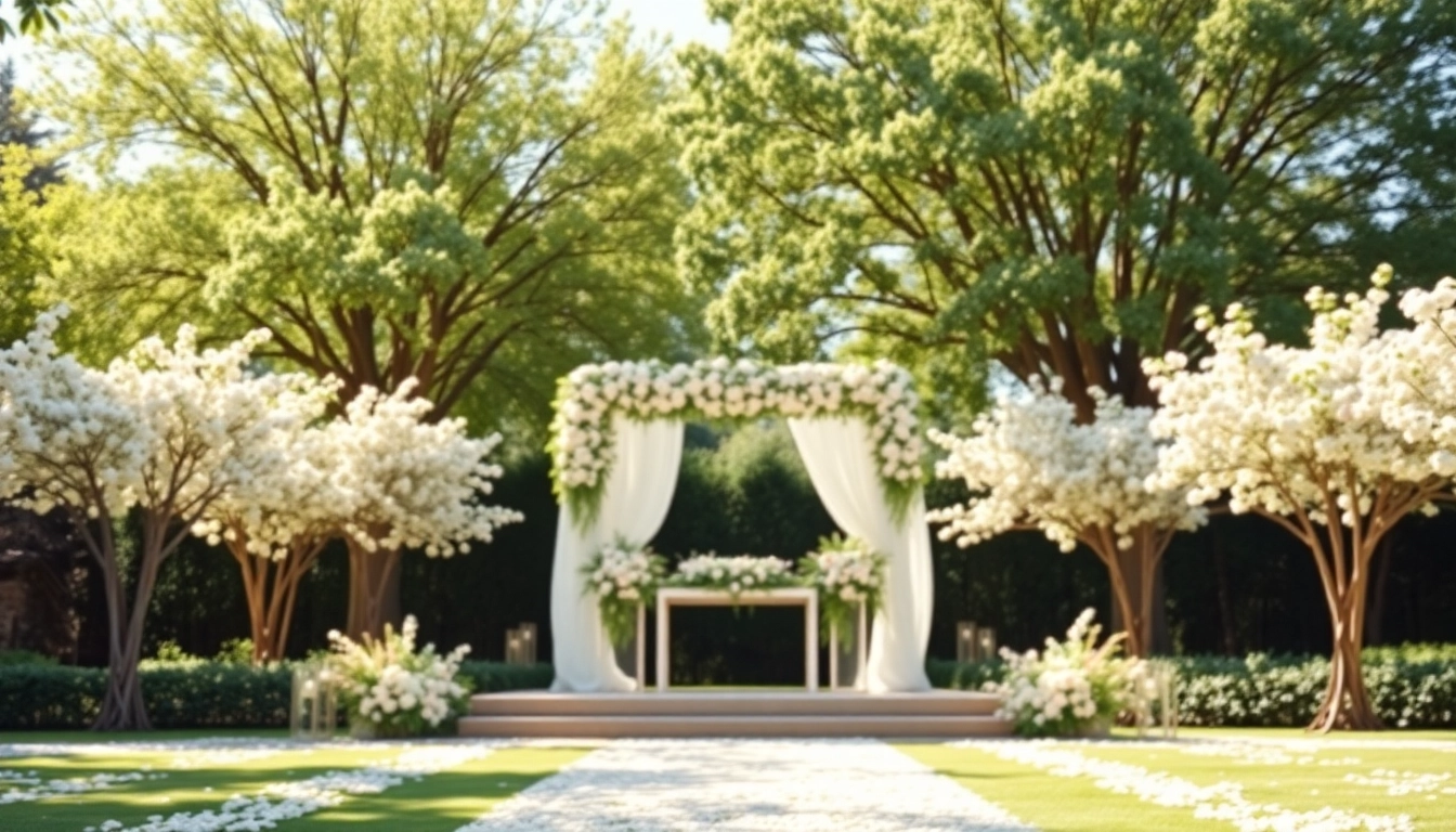 Ein wunderschöner Hochzeitstandort im Freien mit romantischen Blumenarrangements.