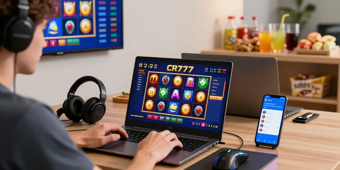 Pengalaman bermain slot CR777 dengan antarmuka modern di laptop dan aksesori permainan.