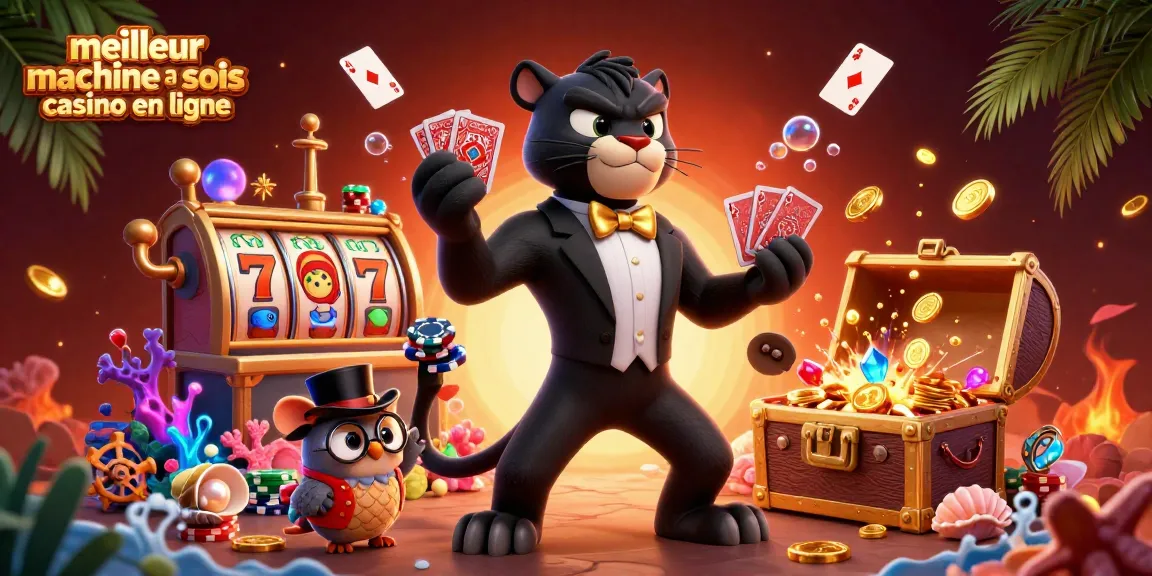 Jouez aux meilleures machines à sous casino en ligne avec ce riche visuel représentant des personnages animés ludiques et des éléments de jeu.