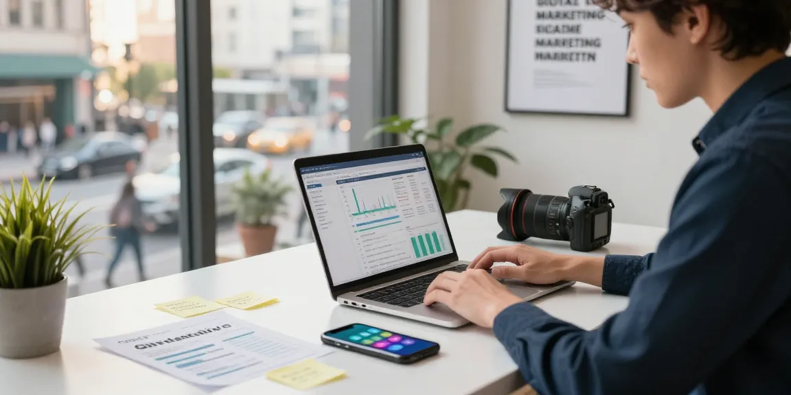 Digital marketing professional analyzing data at a sleek desk, showcasing analytics, strategies, and urban atmosphere.