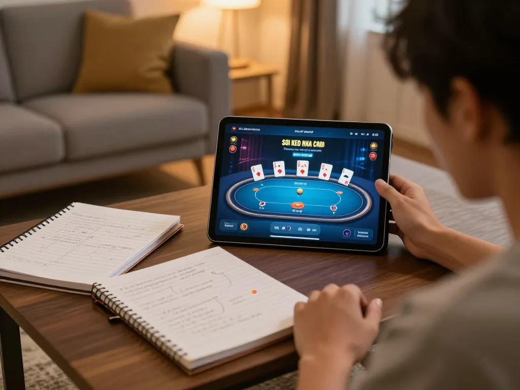 Engaged player analyzing soi keo nha cai data on tablet during a home gaming session