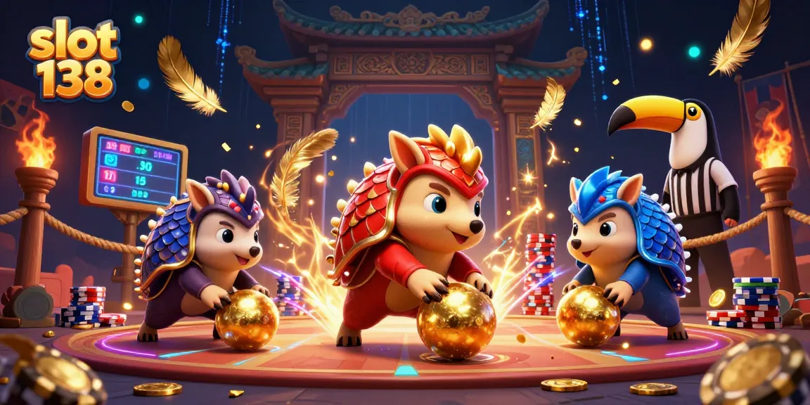 Experience the excitement of slot 138 with animated pangolins bowling through poker chips in a vibrant casino scene.