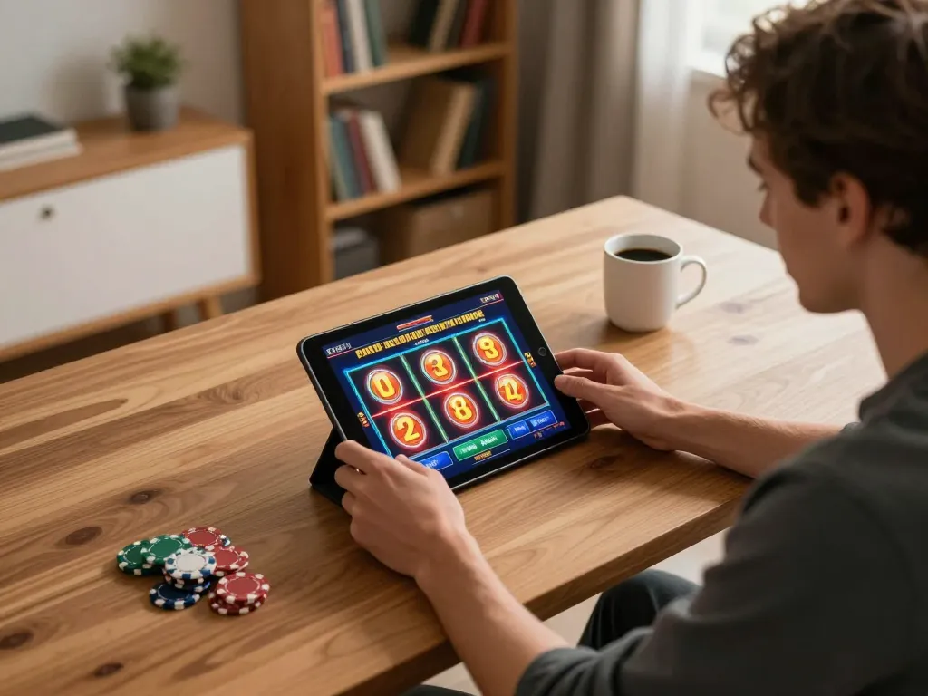 Playing a vibrant MM 88 online slot game on a tablet at home for an exciting gaming experience