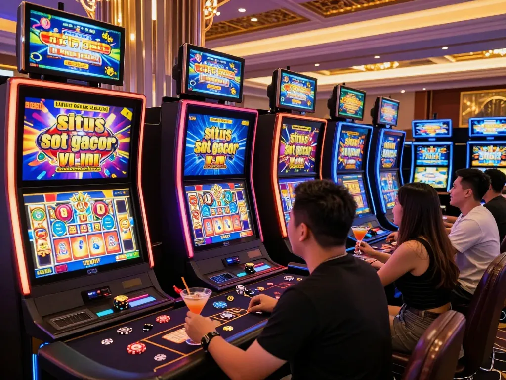 Pemain menikmati permainan "situs slot gacor" yang cerah di kasino yang meriah, menunjukkan semangat dan suasana mewah.