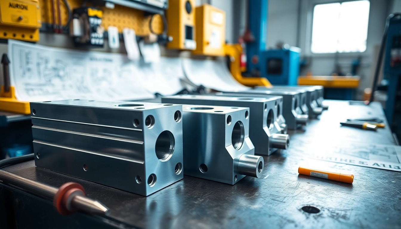 Showcasing aluminum prototypes on a workbench with tools and bright lighting.
