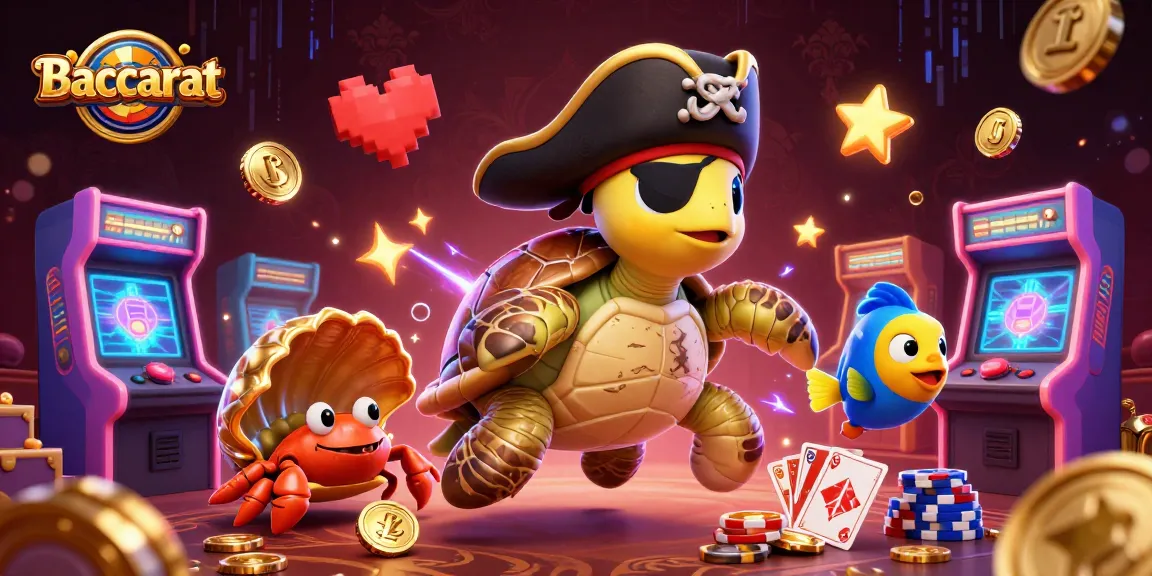 Baccarat scene featuring a cartoon pirate turtle amidst vibrant casino elements and colorful games