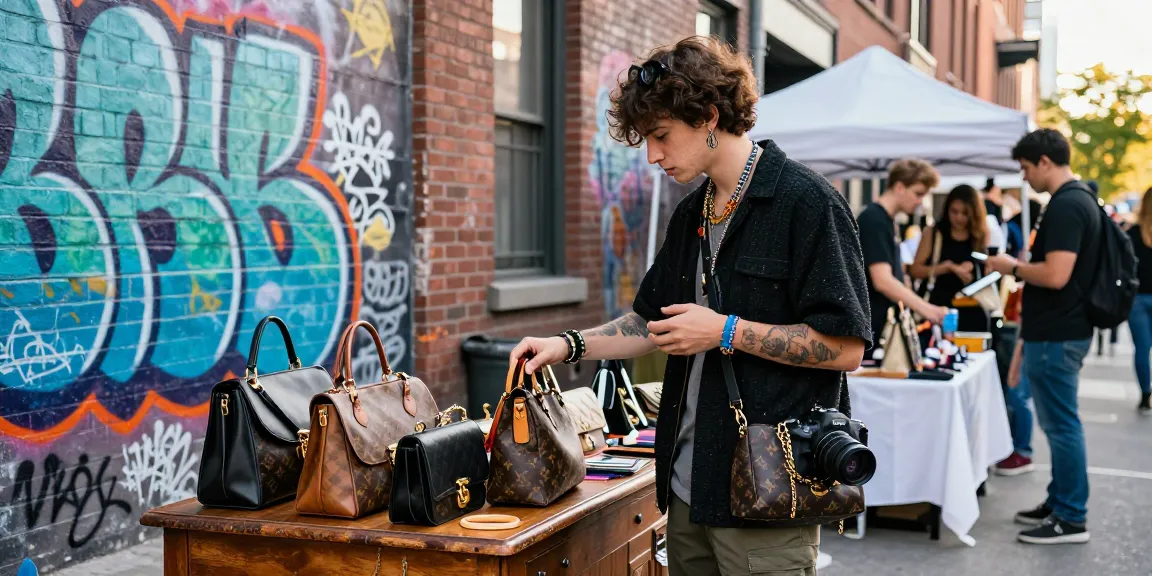 Young shopper exploring stylish 레플리카 handbags at urban market.