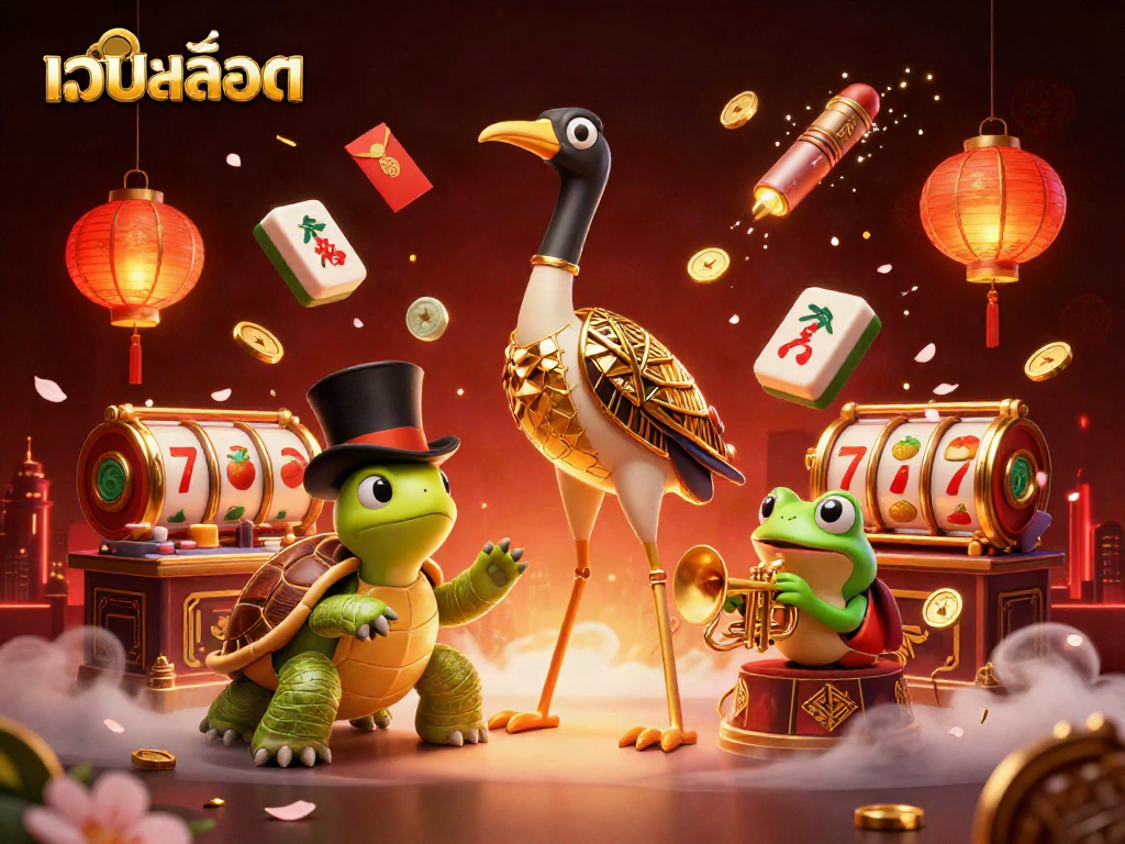 Engage with เว็บสล็อต as vibrant slot reels spin alongside whimsical characters in a festive casino scene.
