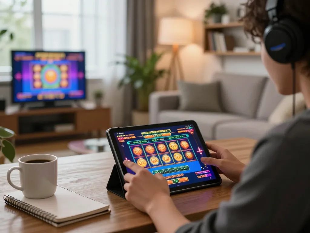 Player enjoying online slots at home, exploring link gacor for winning strategies.