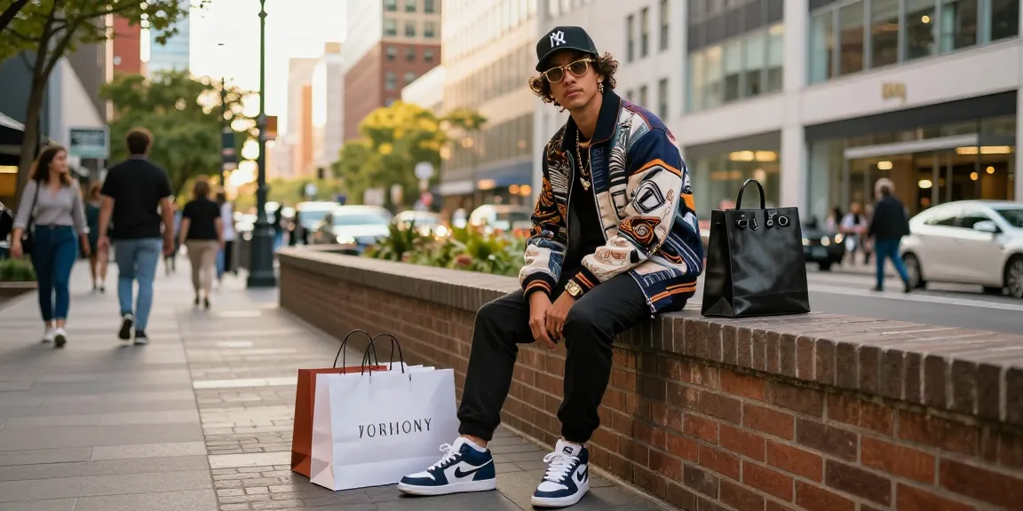 Fashionable individual showcasing 명품 레플리카 clothing in an urban setting, highlighting style and luxury.