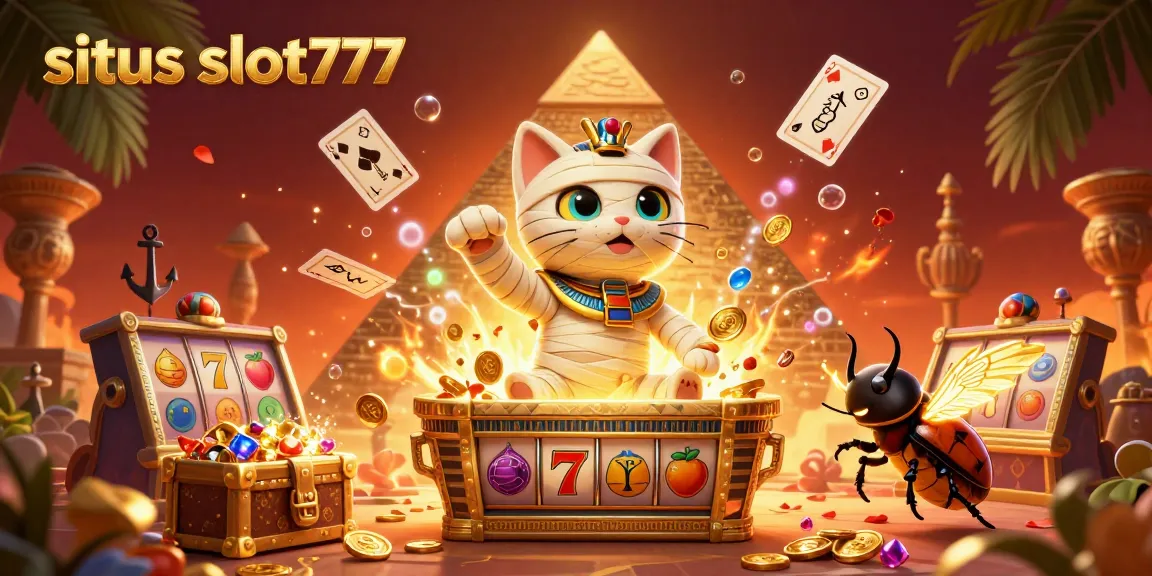 Experience the excitement of situs slot777 with an Egyptian mummy cat and vibrant slot elements bursting from a casino scene.