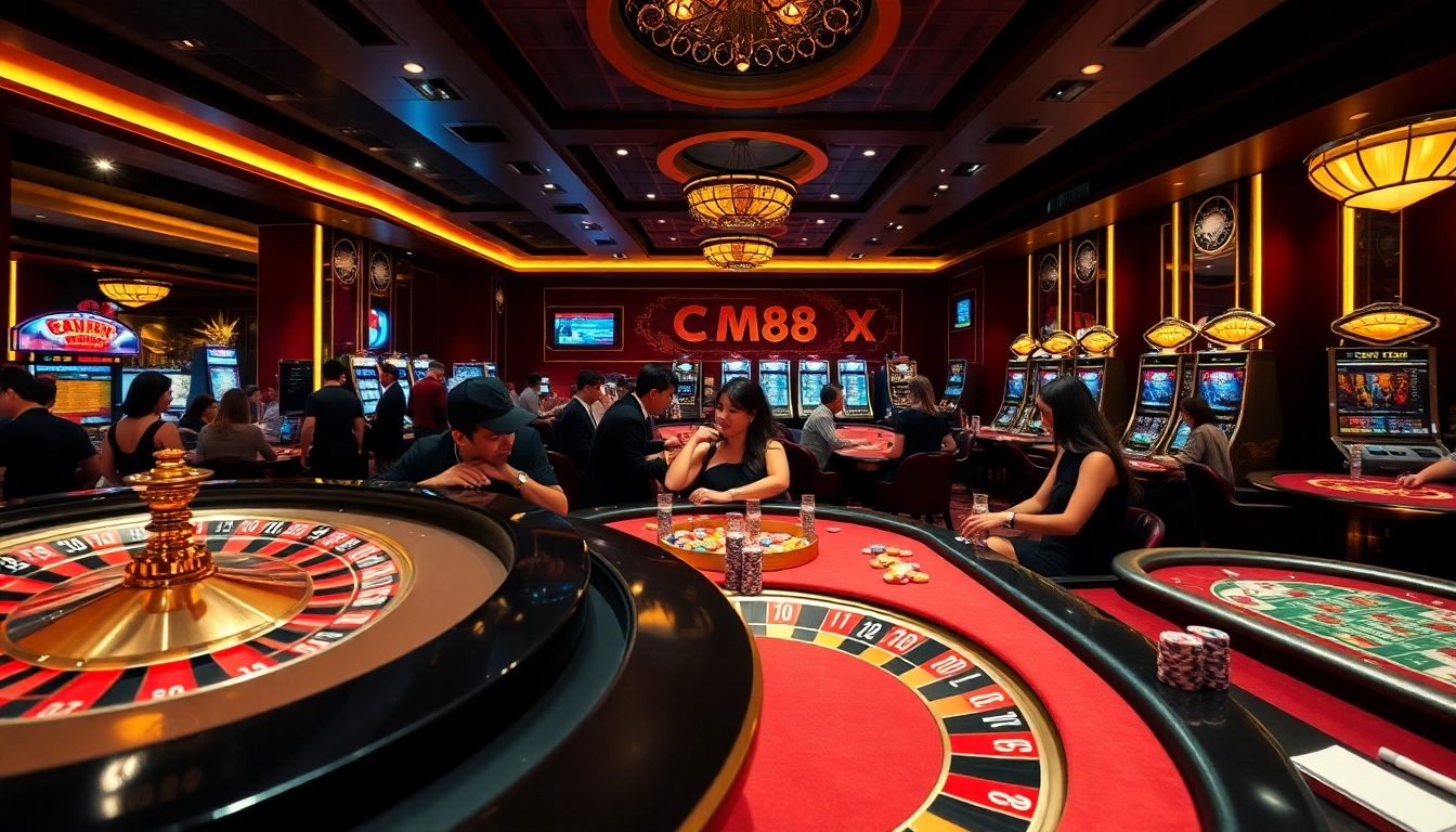 Engage with the thrilling action at link CM88 in a luxurious casino setting with poker tables and roulette.