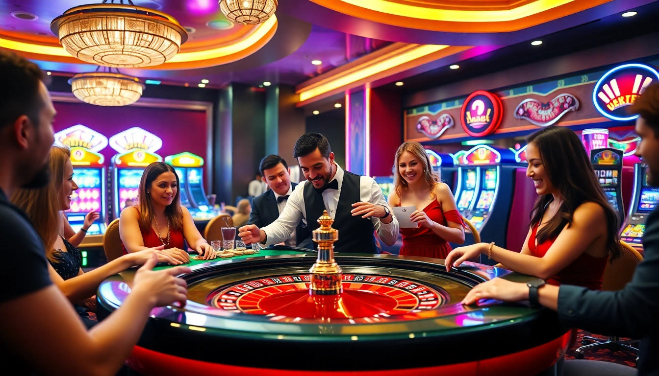 Main dealer di bbni4d casino dengan pemain bersemangat di sekitar meja roulette.