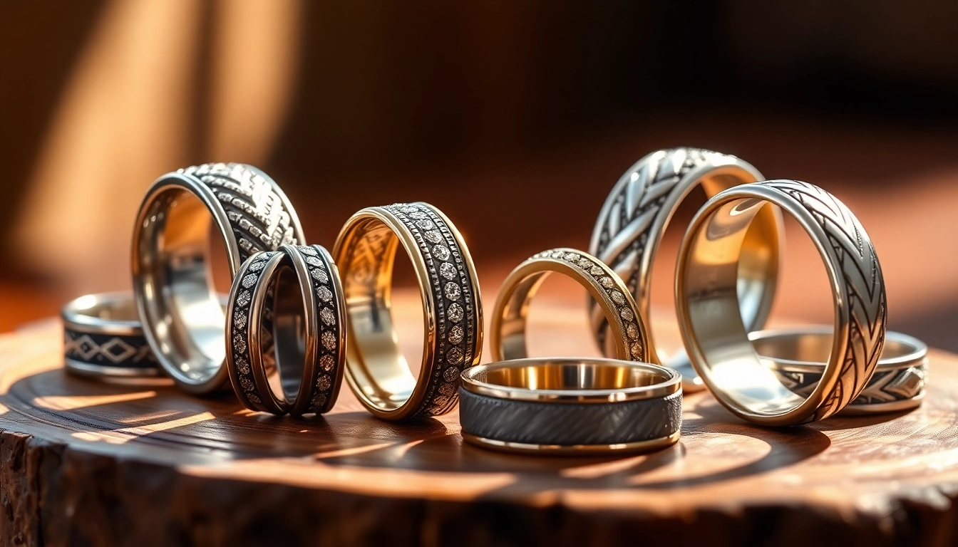 Showcasing Unique Wedding Bands for Men arranged artfully to highlight distinctive designs.