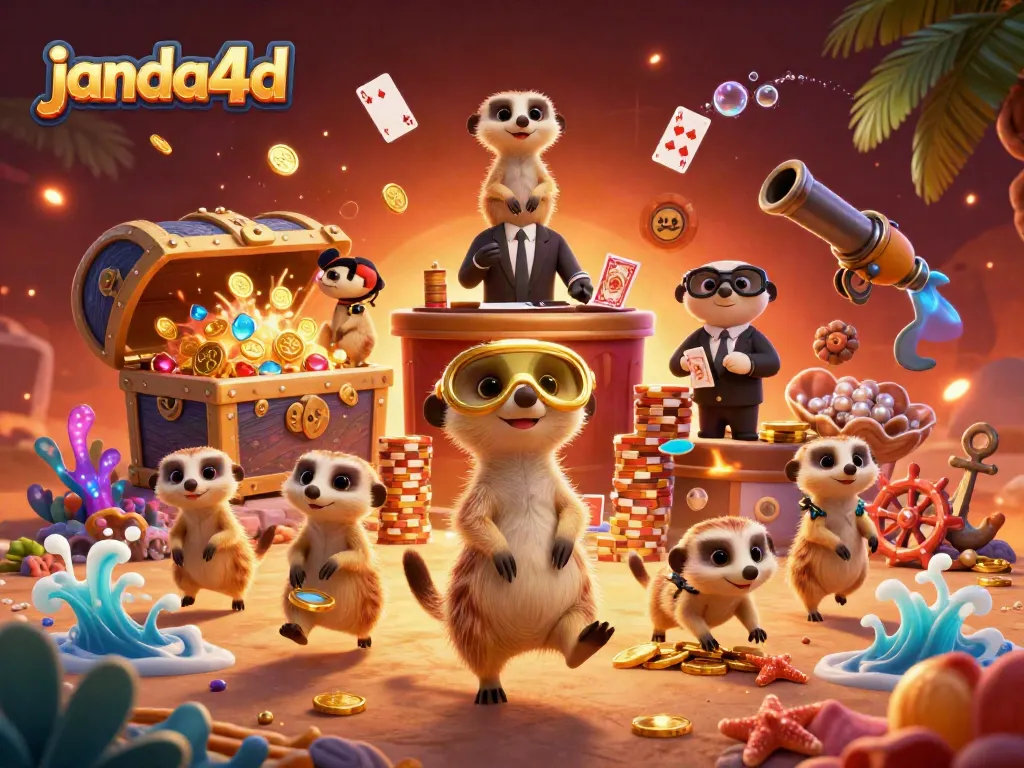 Geng meerkat menjalankan operasi kasino yang dinamis di janda4d dengan elemen permainan dan cahaya menarik.