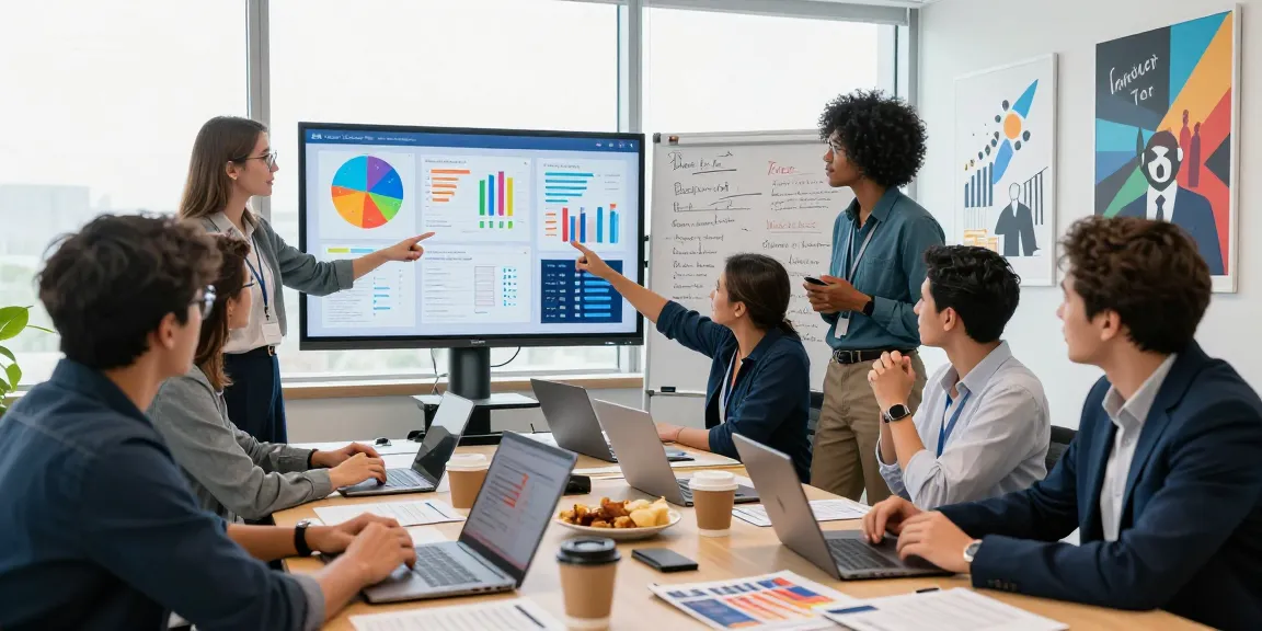 Team engaged in strategic political campaign analytics discussion with data visualizations in modern office setting.