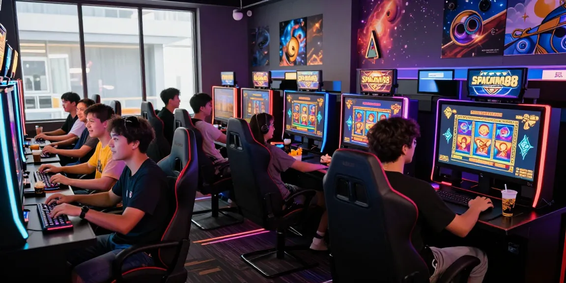 Players in a vibrant gaming lounge enjoying Spaceman88 slot game, showcasing excitement and modern gaming elements.