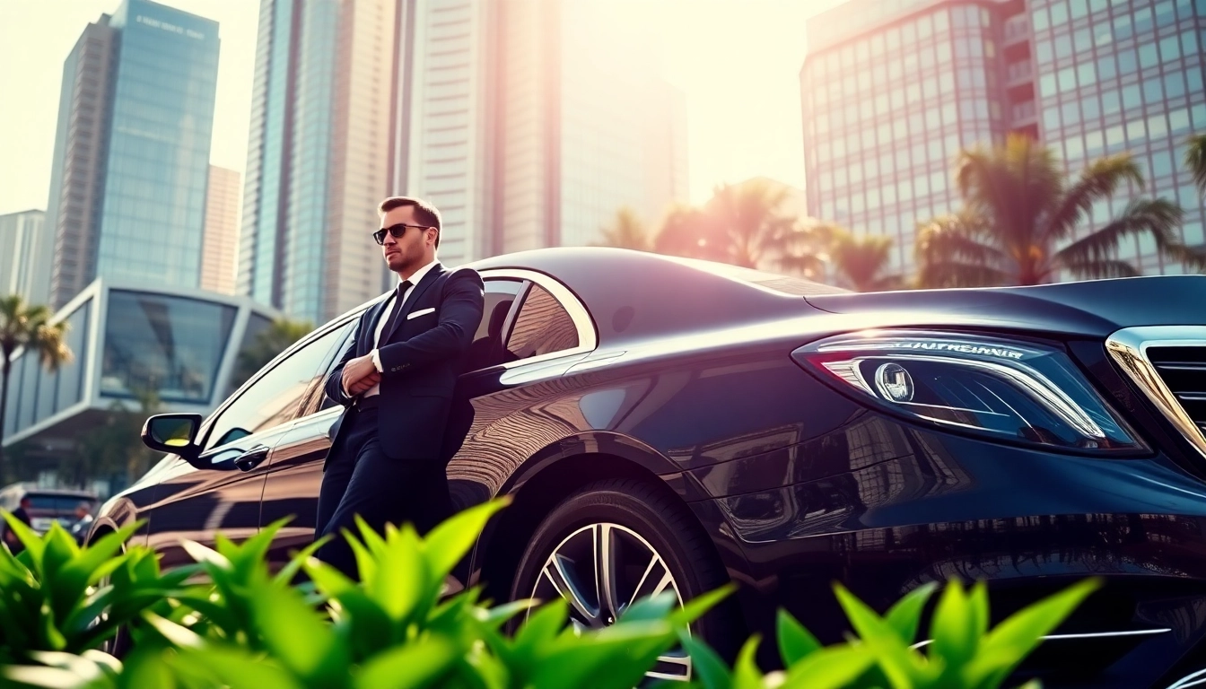 Chauffeur Hire service featuring a professional driver in a luxury car in an urban setting.