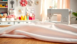 Katoen stof op een houten tafel in een sfeervolle naaisetup met kleurrijke draden.