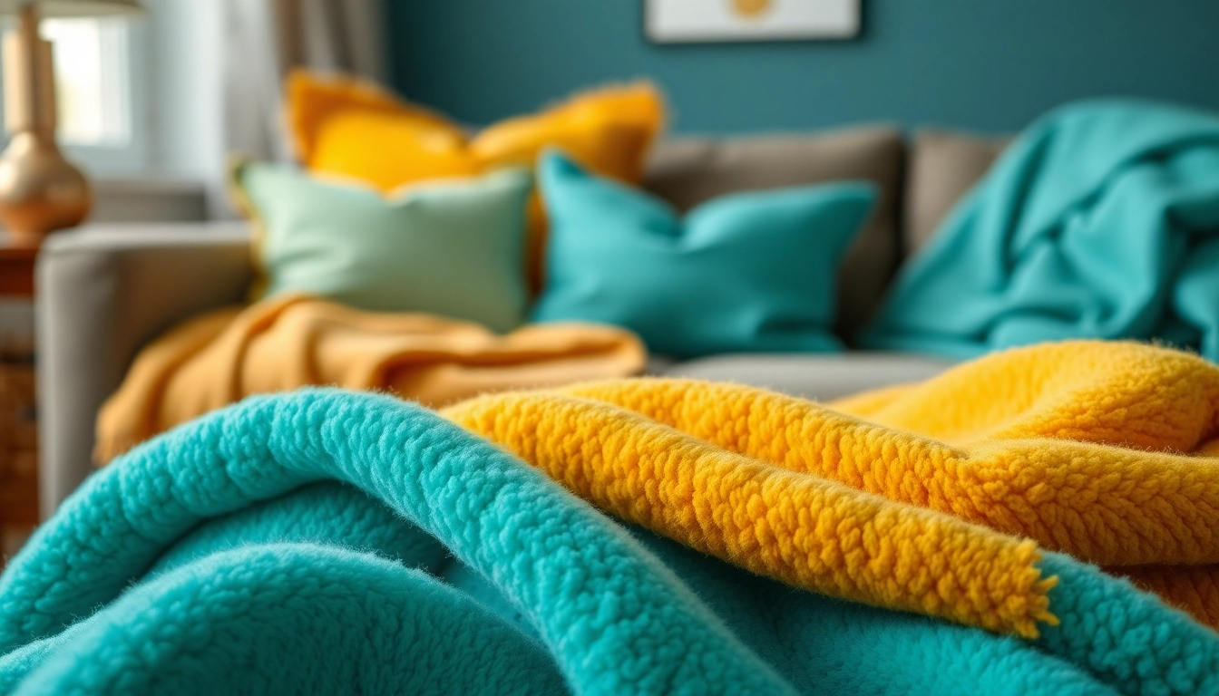 Fleece stof in een gezellige setting met kleurrijke decoraties voor een warme uitstraling.