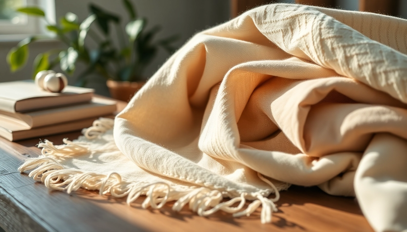 Katoen stoffen met rijke texturen op een houten tafel, sfeervol verlicht.