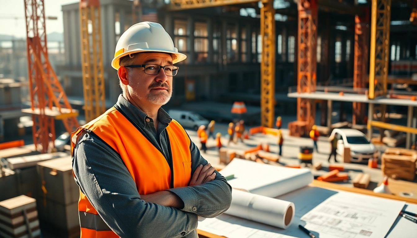 New Jersey Construction Manager guiding a dynamic construction site with blueprints, exemplifying leadership.