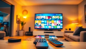 Engaging living room scene featuring iron IPTV on a big screen with a remote on a stylish media console.