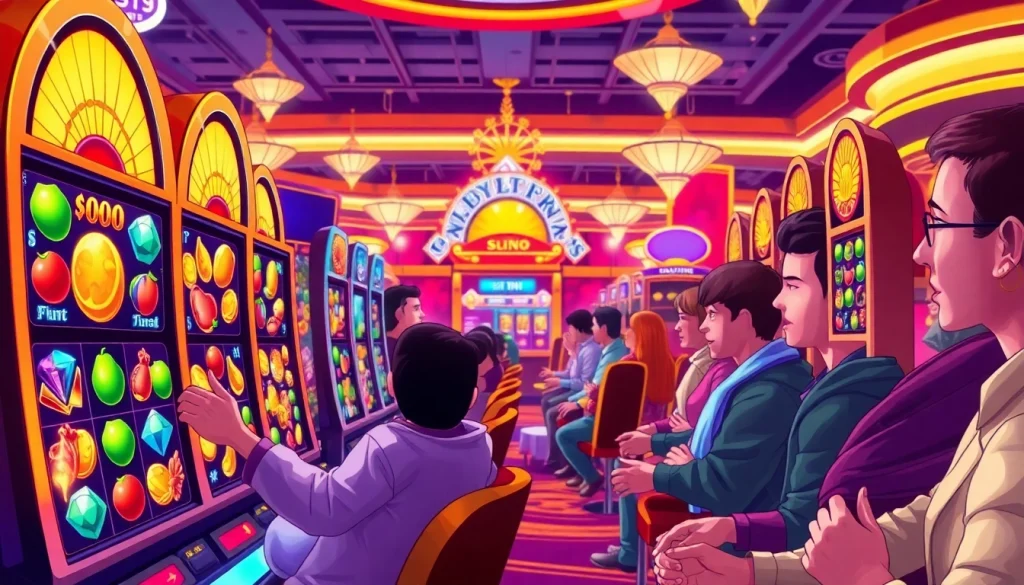 Menampilkan atmosfer seru dalam permainan pakde4d slot di kasino yang ramai.