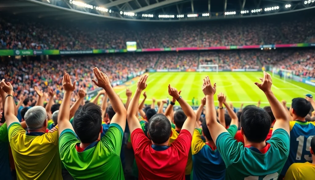 Fans celebrating in vibrant discount football shirts during an exciting soccer match.