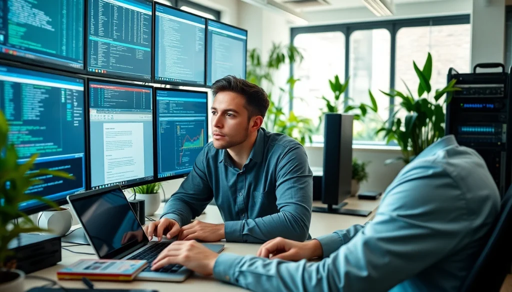 Reviewing Patch Management Services in a modern tech office environment with multiple screens.