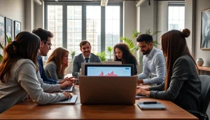 Team strategizing the best smm panel in a modern office environment with digital displays.