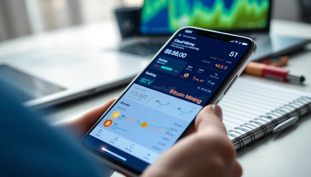 Cloud mining app interface on a smartphone, showcasing live Bitcoin mining statistics in a modern workspace.