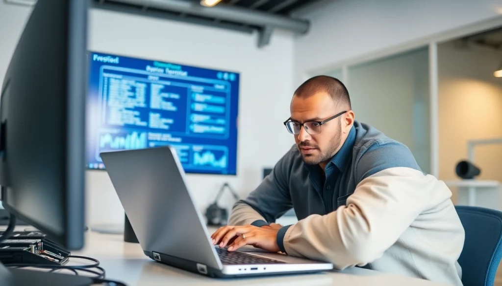 Engaged technician providing computer service in a bright, modern office setting.