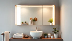 Stilvoller sonni Spiegelschrank im modernen Badezimmer mit warmem Licht