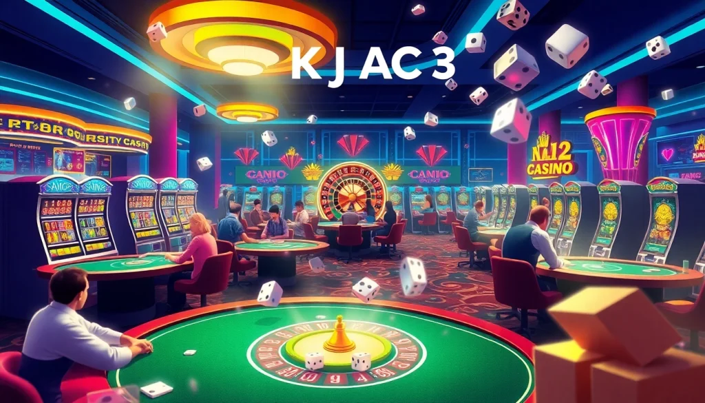 A lively casino scene capturing the thrill of gambling at KJC AC 3 with poker tables, roulette wheels, and slot machines.