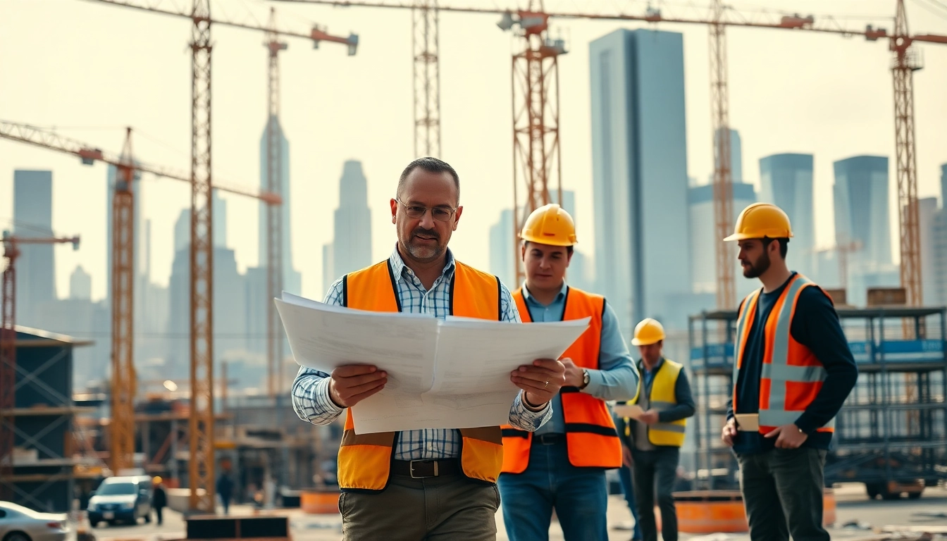 New York Construction Manager overseeing a project on a lively construction site.
