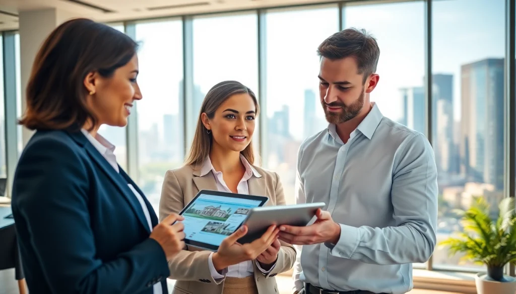 Engaging real estate agents collaborating on listings in a bright office space.